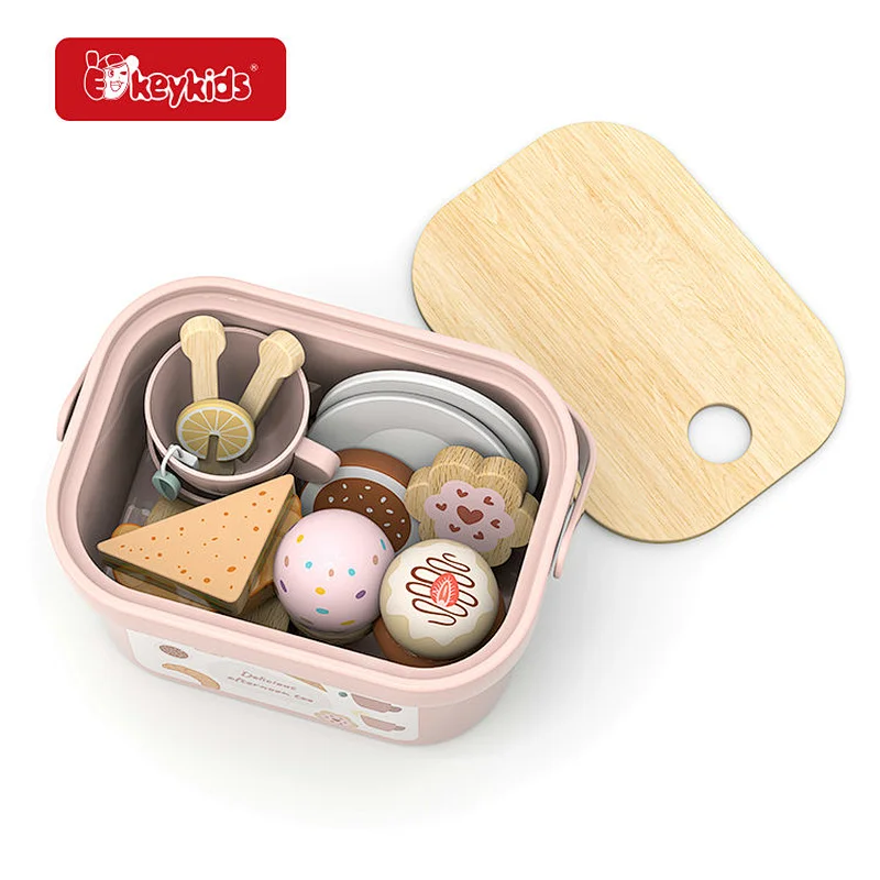 Wooden Afternoon Tea Toy Set with Storage Box, Pretend Play Food Dessert Play Set Kids Kitchen Role Play Educational Toy W12F317
